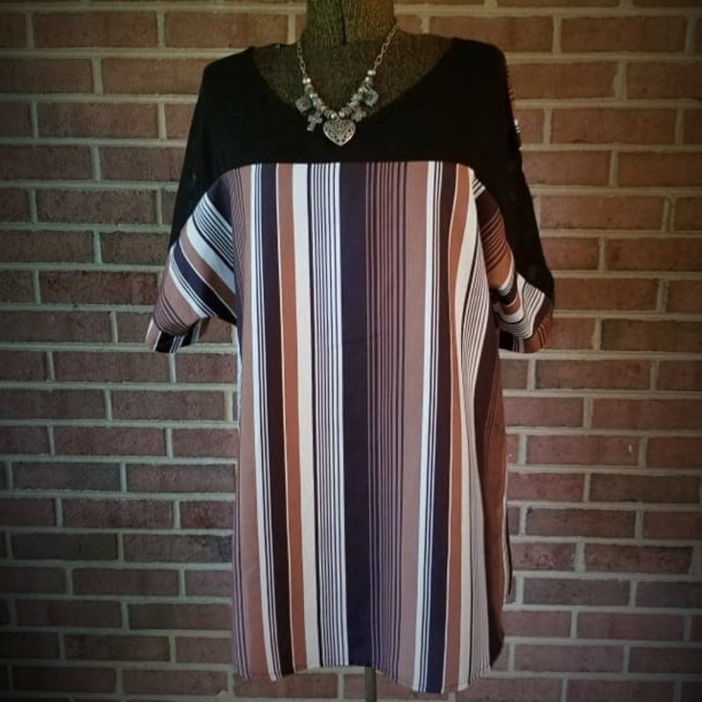 COPY - Satin Sheer Black White Tan Stripe Blouse …